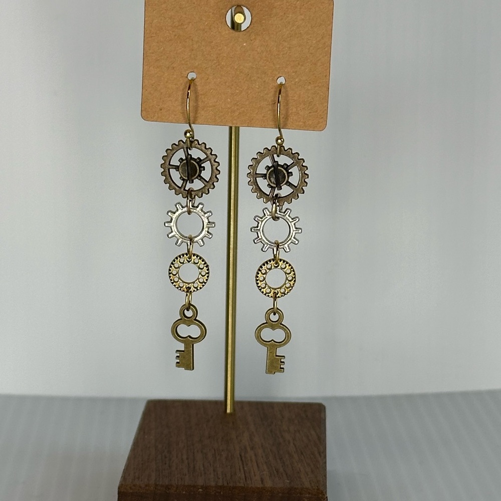 Gear and Key steampunk mixed metal earrings